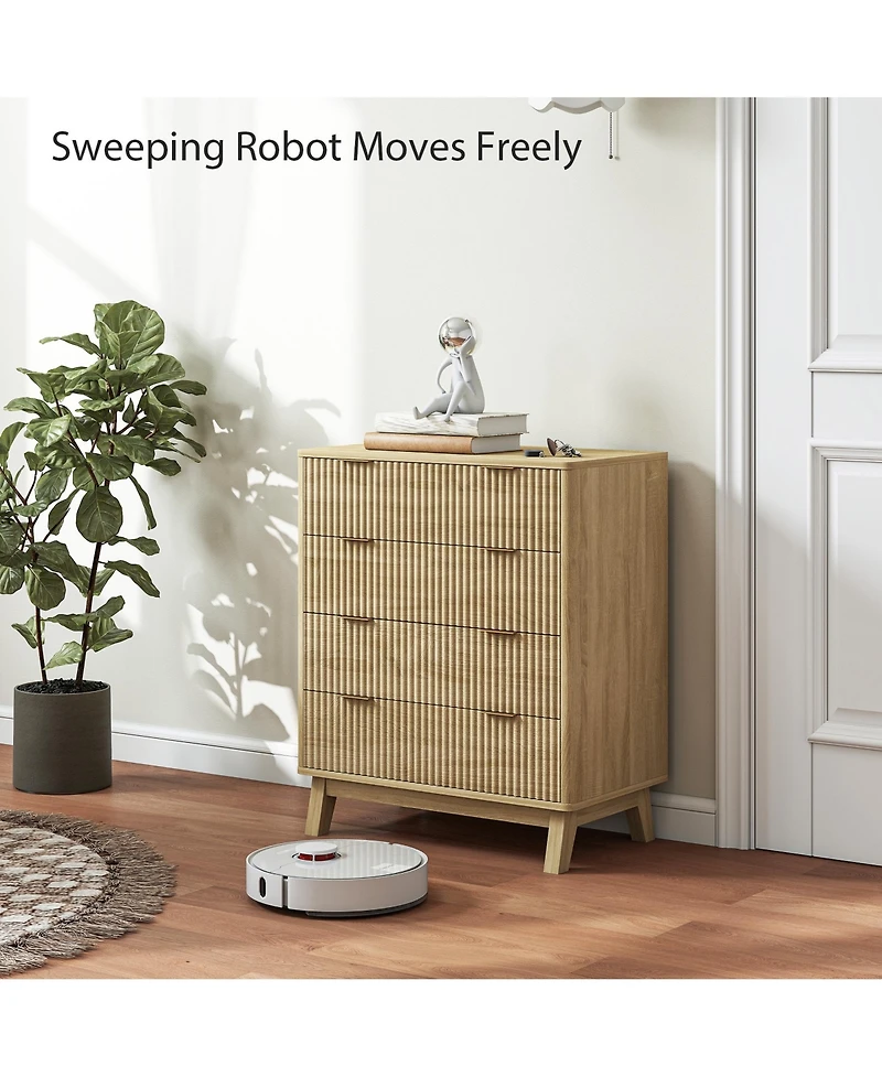 Rainsken Nightstand, 4 Drawer Double Dresser, Wave-Fluted Fronts, Gold Finger Pulls, Bedside Table