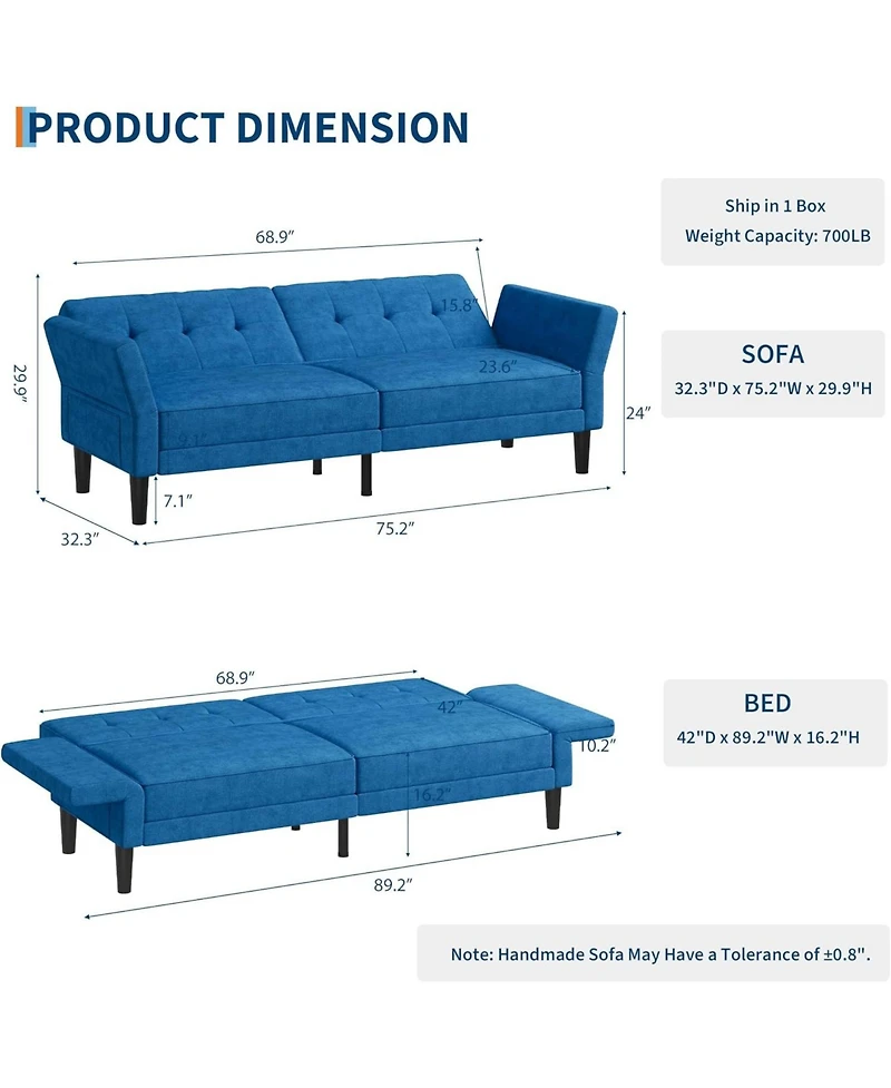 gaomon 89 Inch Futon Sofa Bed, Modern Sleeper Couch with Adjustable Backrest & Armrest, Convertible Futon Couch for Living Room, Bedroom