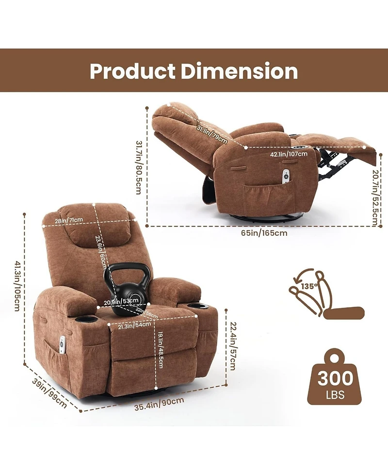 gaomon 360° Swivel Rocking Recliner Chair, Manual Fabric Nursery Recliner Glider with with Massage and Heating, Extented Footrest