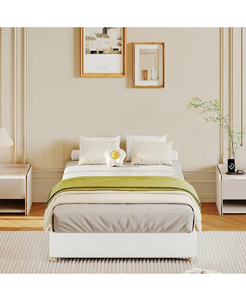 gaomon Twin Size Cloud Bed Frame, Low Bed Frame Without Headboard, Corduroy Upholstered Low Platform Bed with Solid Wood Legs, No Box Spring Required