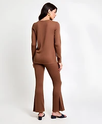 Modenaire Women's Ribbed Knit Long Sleeve Top and Flared Pants Lounge Set