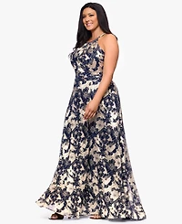 B&A By Betsy and Adam Plus Halter Wrap Foil Ball Gown