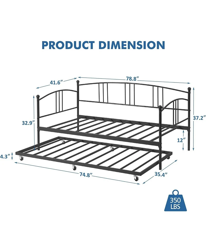 gaomon Twin Metal Daybed with Trundle, Pullout Trundle Bed Frame Arched Headboard, Guest Sofa Steel Slat Support, No Box Spring Required