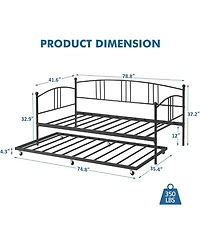 gaomon Twin Metal Daybed with Trundle, Pullout Trundle Bed Frame Arched Headboard, Guest Sofa Steel Slat Support, No Box Spring Required