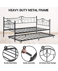 gaomon Metal Daybed with Trundle Bed, Twin Size Day Bed with Headboard and Heavy Duty Steel Slats Support, Mattress Foundation Platform Sofa Bed