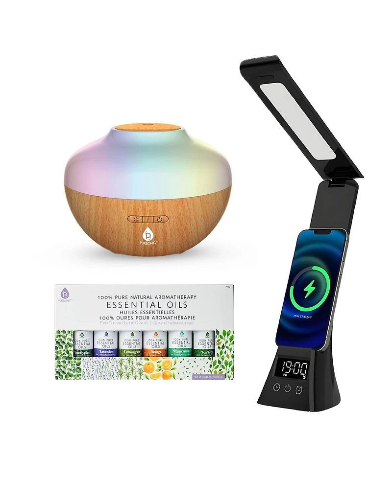 Pursonic Workstation Wellness Bundle – Diffuser, 6 Oils & 3-in-1 Led Desk Lamp
