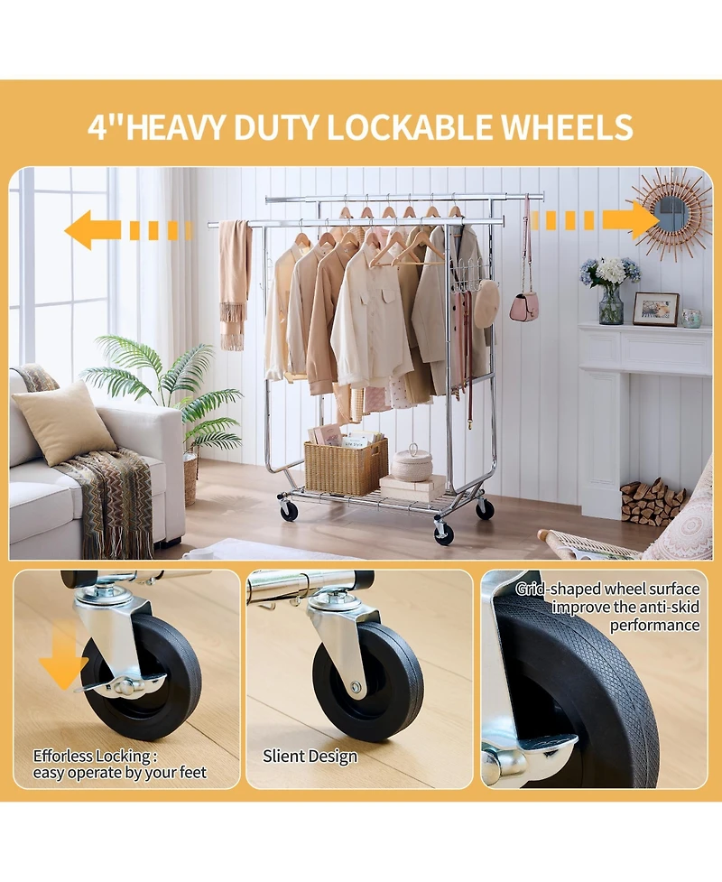 Rainsken Double Clothing Garment Rack, Double Rod Rolling Clothing Rack, Portable Collapsible Hanging Rack with Shelves, Capacity 800lbs for Bedroom