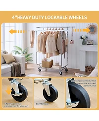 Rainsken Double Clothing Garment Rack, Double Rod Rolling Clothing Rack, Portable Collapsible Hanging Rack with Shelves, Capacity 800lbs for Bedroom