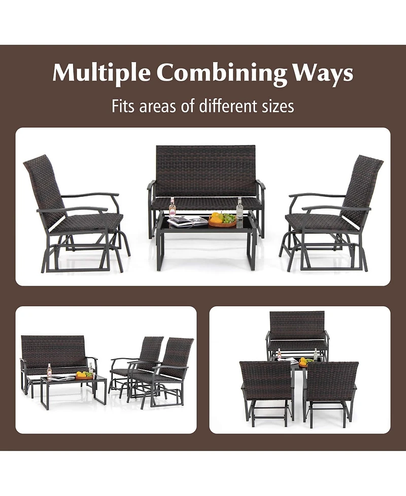 Gymax 4 Pcs Patio Gliding Set Wicker Swing Glider Furniture Set w/ Tempered Glass Coffee Table
