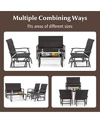 Gymax 4 Pcs Patio Gliding Set Wicker Swing Glider Furniture Set w/ Tempered Glass Coffee Table