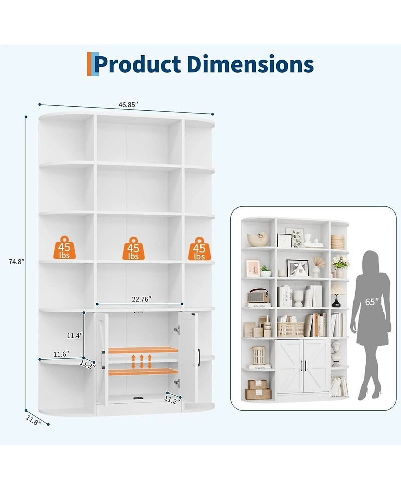 gaomon Bookshelf with Doors,6 Tier Bookcase Storage Cabinet, Modern Farmhouse Freestanding Wood Display Shelves Book Cabinet