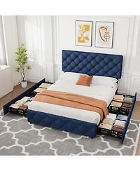 gaomon Full Size Bed Frame with 4 Storage Drawers and Adjustable Headboard, Linen Upholstered Platform Beds