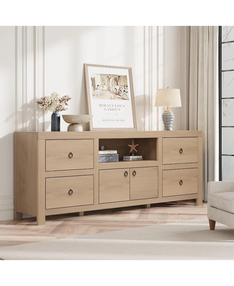 gaomon Farmhouse Tv Stand for 75/80 Inch TVs, 70" Long Entertainment Center with 6 Storage Drawer & Soundbar Shelf, Television Consoles Stands