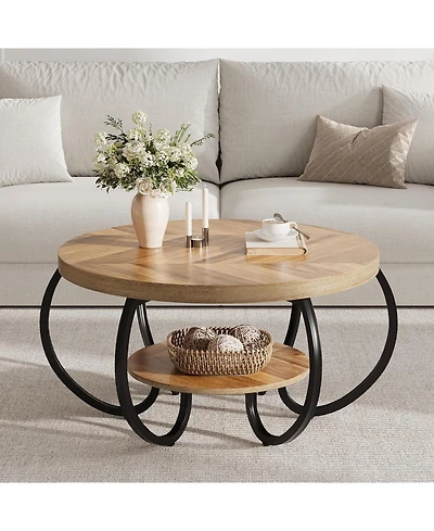 gaomon Round Coffee Table 30" Center Table, 2-Tier Coffee Table Industrial Tables with Adjustable Feet, Living Room Tables with Storage Shelf