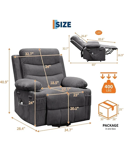 gaomon Electric Lift Recliner with Massage & Heat for Elderly, Pu Leather Big & Tall Reclining Chair with Cup Holders & Storage