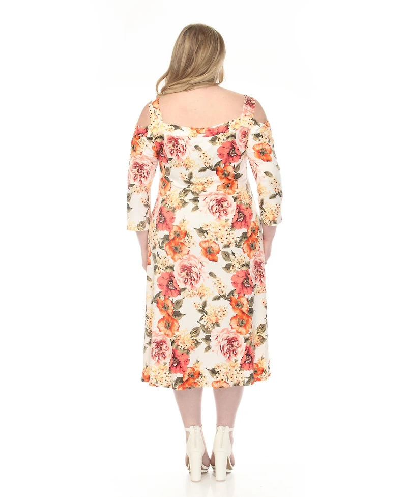 White Mark Plus Cold Shoulder 3/4 Sleeve Dress