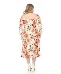 White Mark Plus Cold Shoulder 3/4 Sleeve Dress