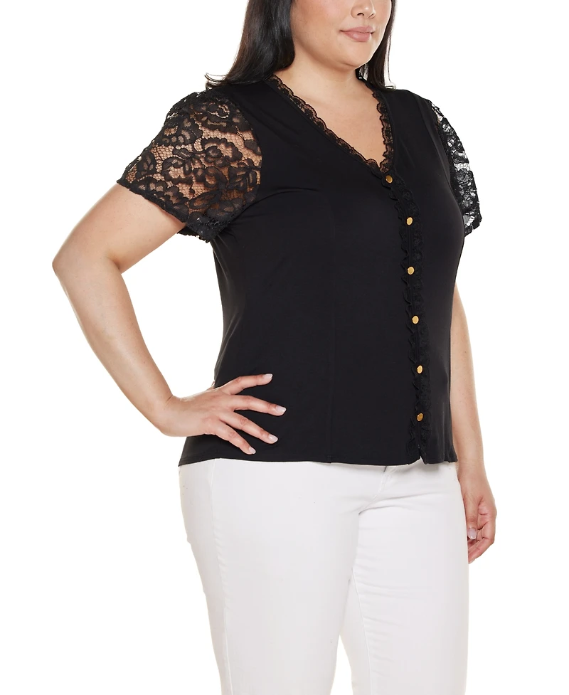 Belldini Plus Crochet Lace Sleeve V-Neck Top