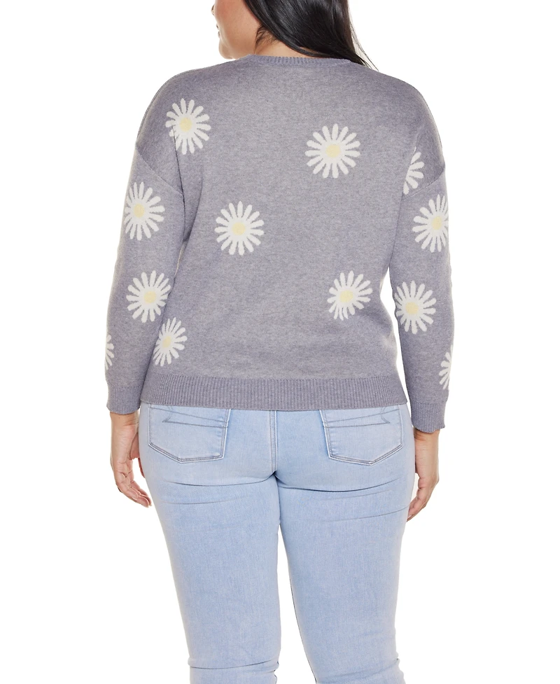 Belldini Plus Jacquard-Flower Crew Neck Sweater