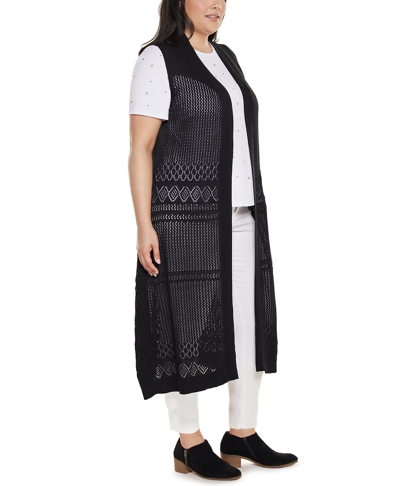 Belldini Plus Pointelle Sleeveless Duster Cardigan