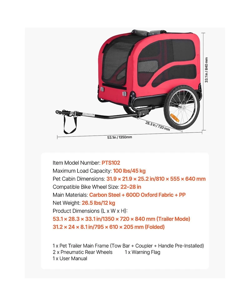 Aostirmotor Heavy-Duty Dog Bike Trailer, Up to 100 lbs
