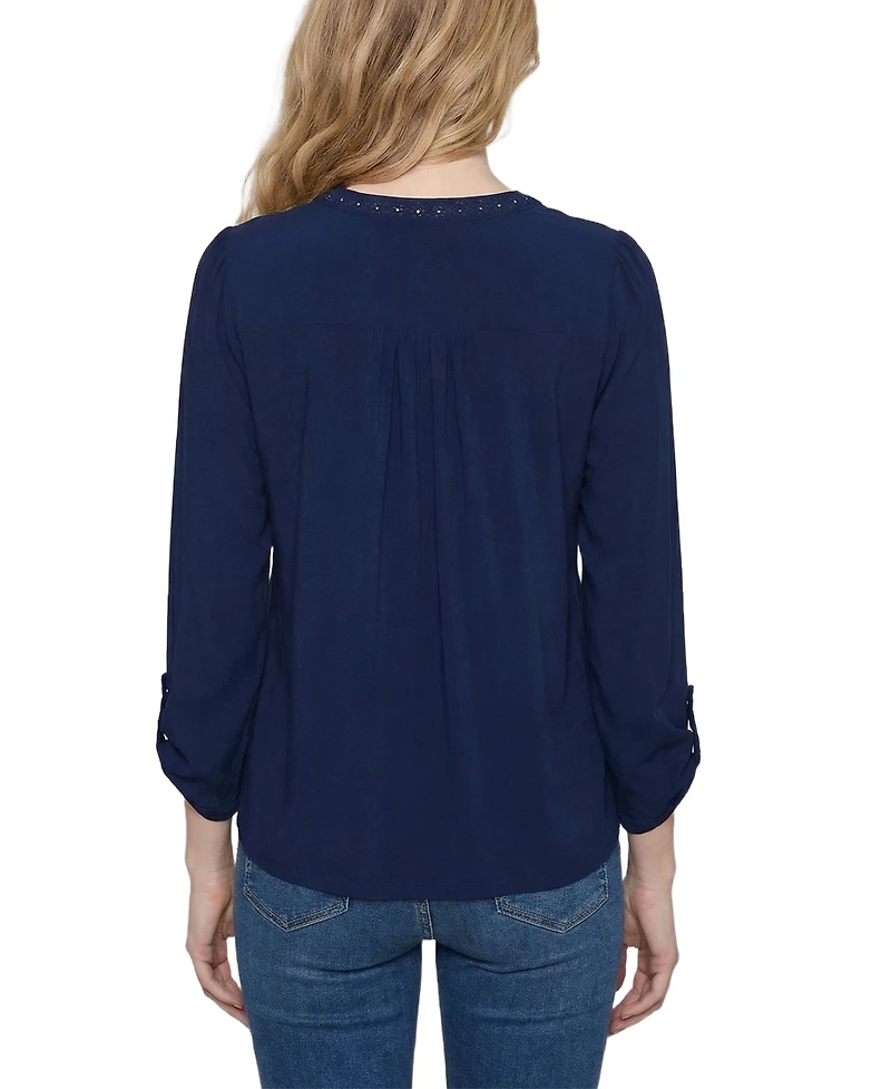Ny Collection Petite Long Sleeve Pleat Front Roll Tab Top