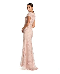 Women's Floral Applique Boat Neck Short Sleeve Gown