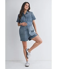 Hello Miz Maternity Nursing-Friendly Button Down Collared Short Sleeve Romper