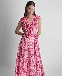 Dkny Women's Sleeveless Ruffle V-Neck Dress