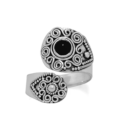 Curata Jewelry 925 Sterling Silver Oxidized Black Simulated Onyx Adjustable Wrap Spoon Ring 9