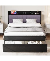 gaomon Full Bed Frame with Headboard, Black Platform Bed Frame with Storage, Heavy Duty Bed Frames with 2 Storage Drawers,Bedframe with Charging