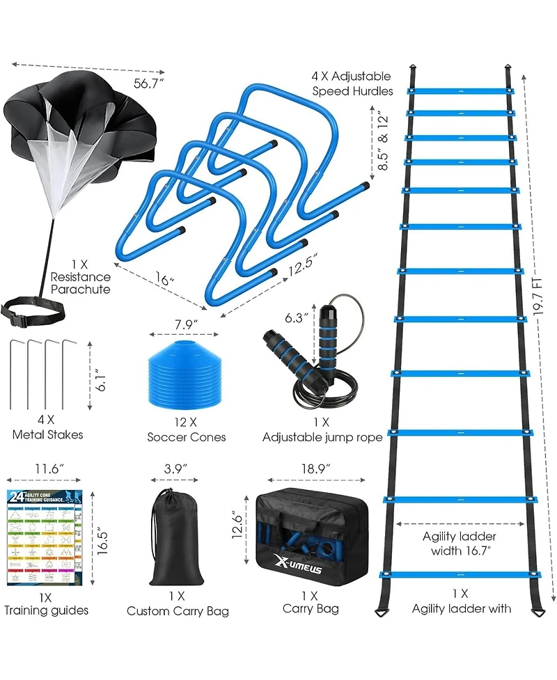 X-umeus 20ft Agility Ladder Training Set with 12 Cones, 4 Hurdles, Jump Rope & Parachute for Soccer, Basketball, Football – Kids to Adults