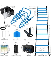 X-umeus 20ft Agility Ladder Training Set with 12 Cones, 4 Hurdles, Jump Rope & Parachute for Soccer, Basketball, Football – Kids to Adults