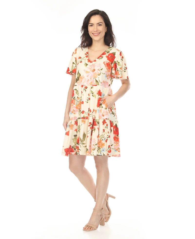 White Mark Women's V-Neck Tropical Flower Short Sleeve Dress