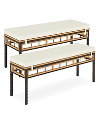 Gymax 2Pcs Wicker Patio Bench/Acacia Wood Seat Removable Padded Cushion for Deck