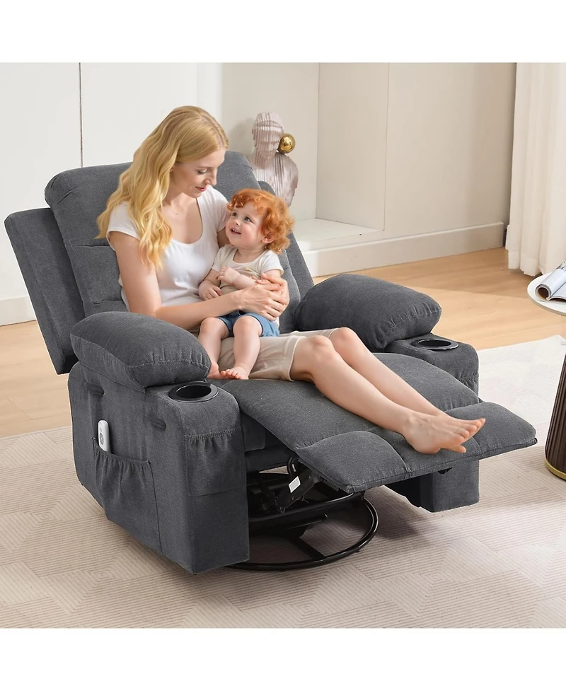 gaomon Recliner Chair Nursery, Oversized Manual Reclining Rocking Chair, 360 Swivel Glider with Cup Holder, Massage and Heat Recliner
