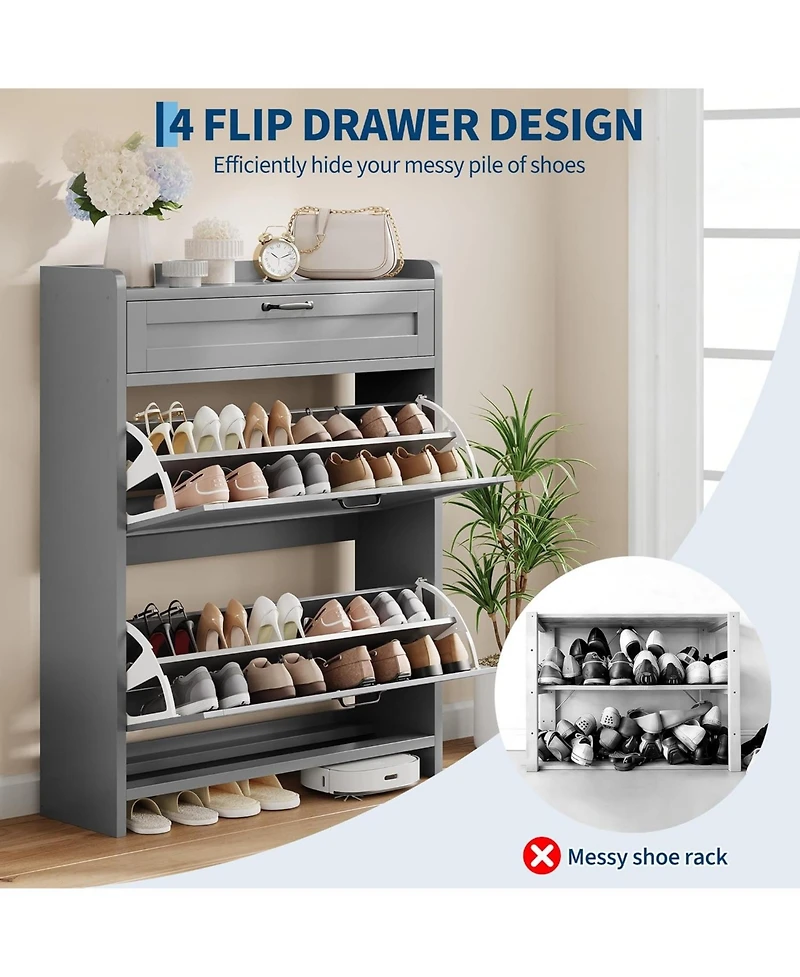 gaomon Shoe Cabinet with 2 Flip Drawers & 1 Top Drawer, Wooden Shoe Storage Organizer, Adjustable Shelves, Hidden Cabinet for Hallway or Living Room