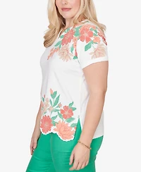 Alfred Dunner Women's Resort Living Floral Scallop Border Top