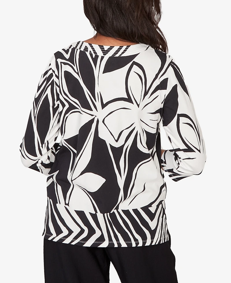 Alfred Dunner Women's Crowd Pleaser Dramatic Abstract Floral Split Neck Top