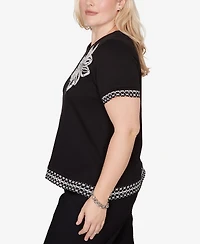 Alfred Dunner Women's Crowd Pleaser Flower Sequin Lace Border Top