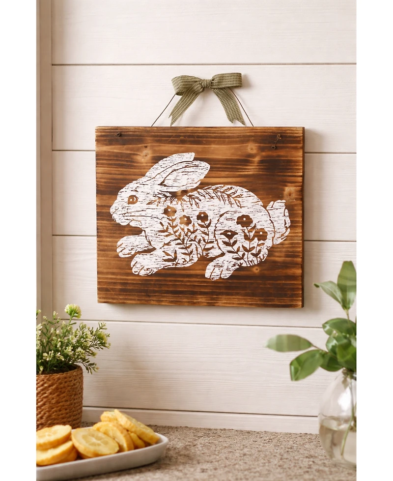 13" x 15" Etched Farmhouse Floral Flowers Easter Rabbit Bunny Wood Hanging Wall Art