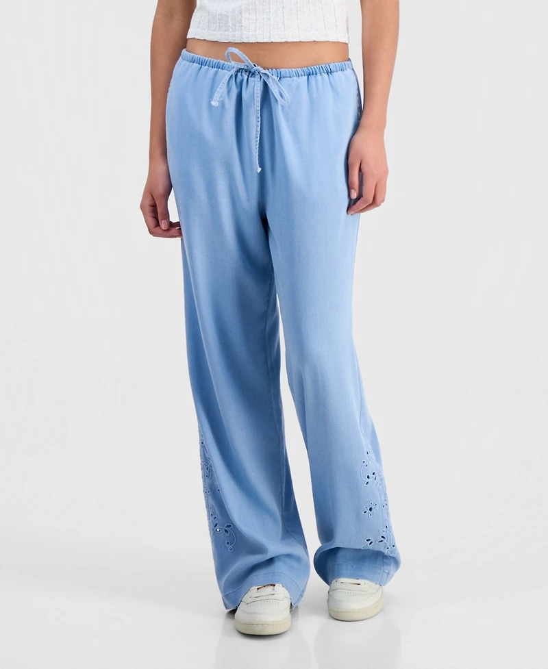 Indigo Rein Juniors' Chambray Eyelet-Hem Drawstring Pants