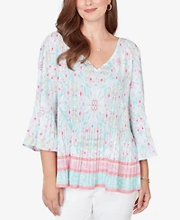 Ruby Rd. Petite Pleated Tapestry Print Bell Sleeve Blouse