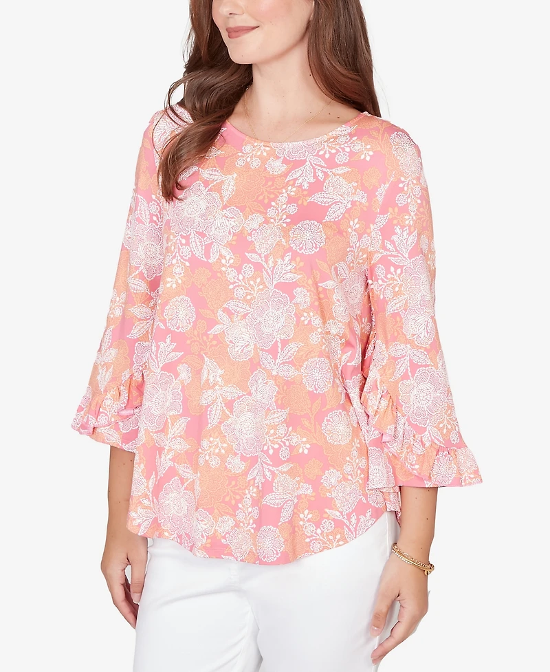 Ruby Rd. Petite Floral Puff Print Ruffle Knit Top