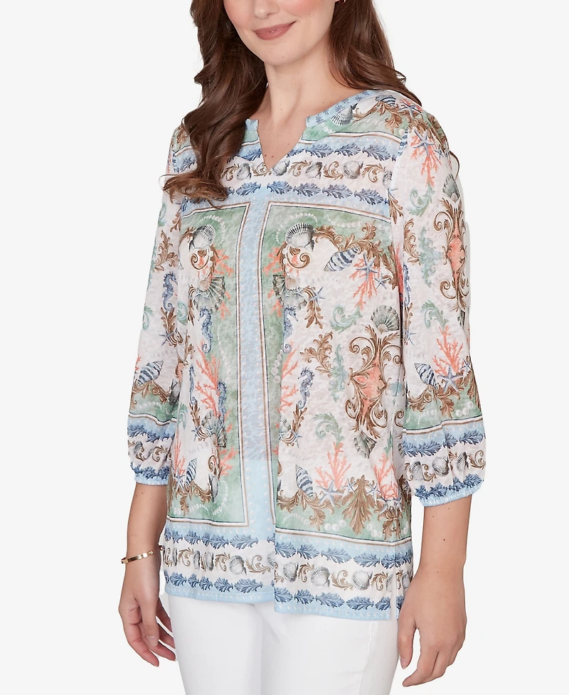 Ruby Rd. Petite Ocean Motif Burnout Knit Top