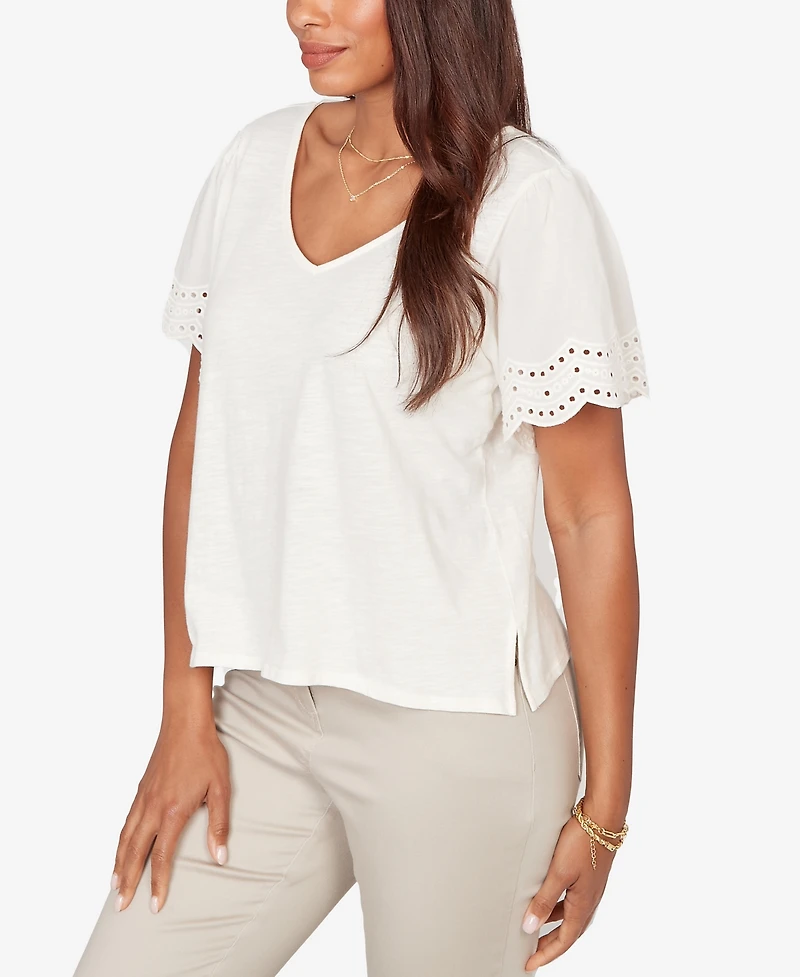 Ruby Rd. Petite Eyelet Poplin Sleeve Slub Knit Top
