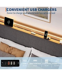 gaomon Bed Frame with Charging Station and Led Lights, Modern Platform Bed with Wooden Slats, Upholstered Headboard