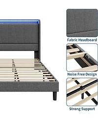 gaomon Bed Frame with Charging Station and Led Lights, Modern Platform Bed with Wooden Slats, Upholstered Headboard, No Box Spring Needed