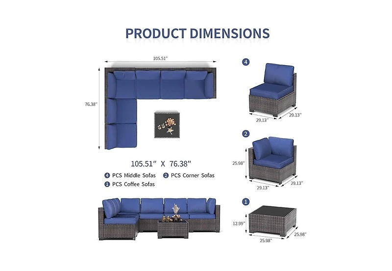 gaomon Patio Funiture Set 7 Pieces Outdoor Rattan with Detachable Soft Cushions Patio Conversation Sets Waterproof Patio Sectional Sofa