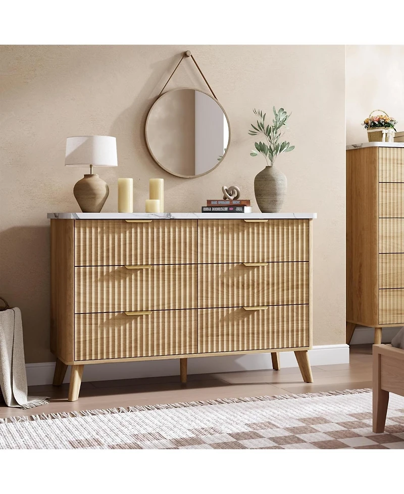 gaomon Fluted 6 Drawer Dresser, 47.2 inch Tall Chest of Drawers with Faux Marble Top, Curved Design for Living Room or Hallway